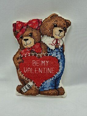 Vtg Bears With Heart Cross Stitch Completed- Padded Plush- Small 3"x5"-
